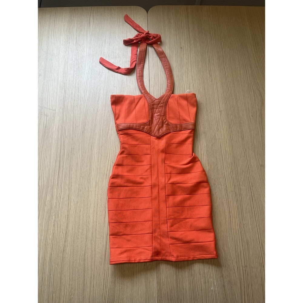 SKY Women's S Orange Bandage Bodycon Halter Mini Dress Leather Trim Y2K NWT